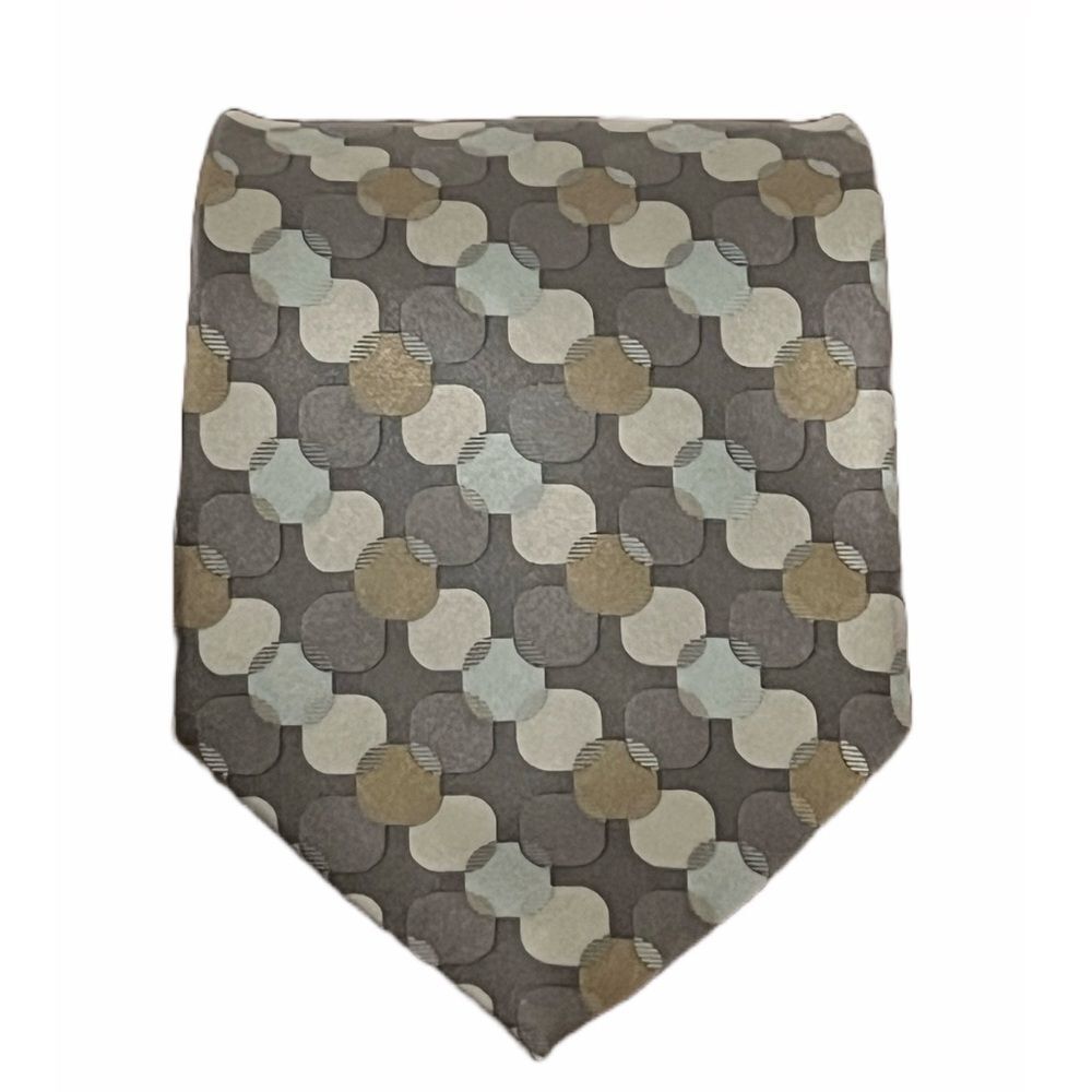 DKNY 100% Silk Designer Tie Gray Beige Geometric Business Casual Neutral Necktie